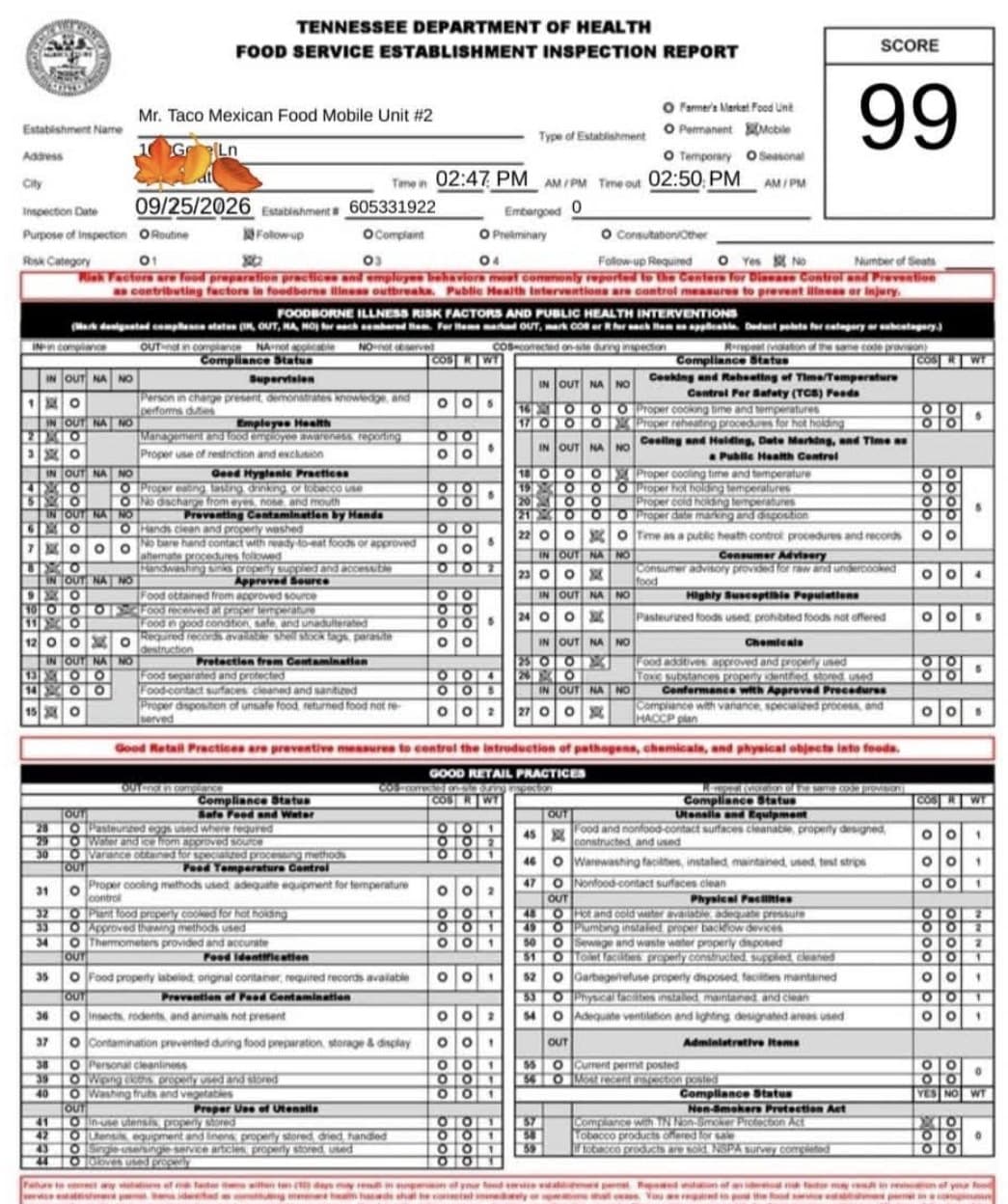 Tennessee Department of Health inspection report for Mr. Taco, score 99, September 25, 2026