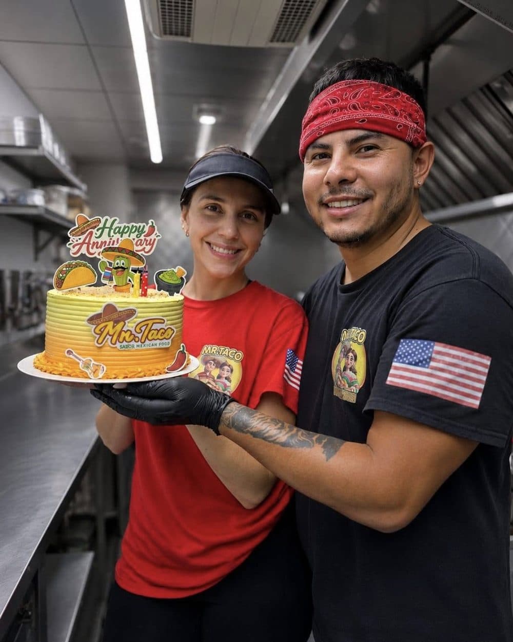 The Mr. Taco family inside the truck, holding their anniversary cake
